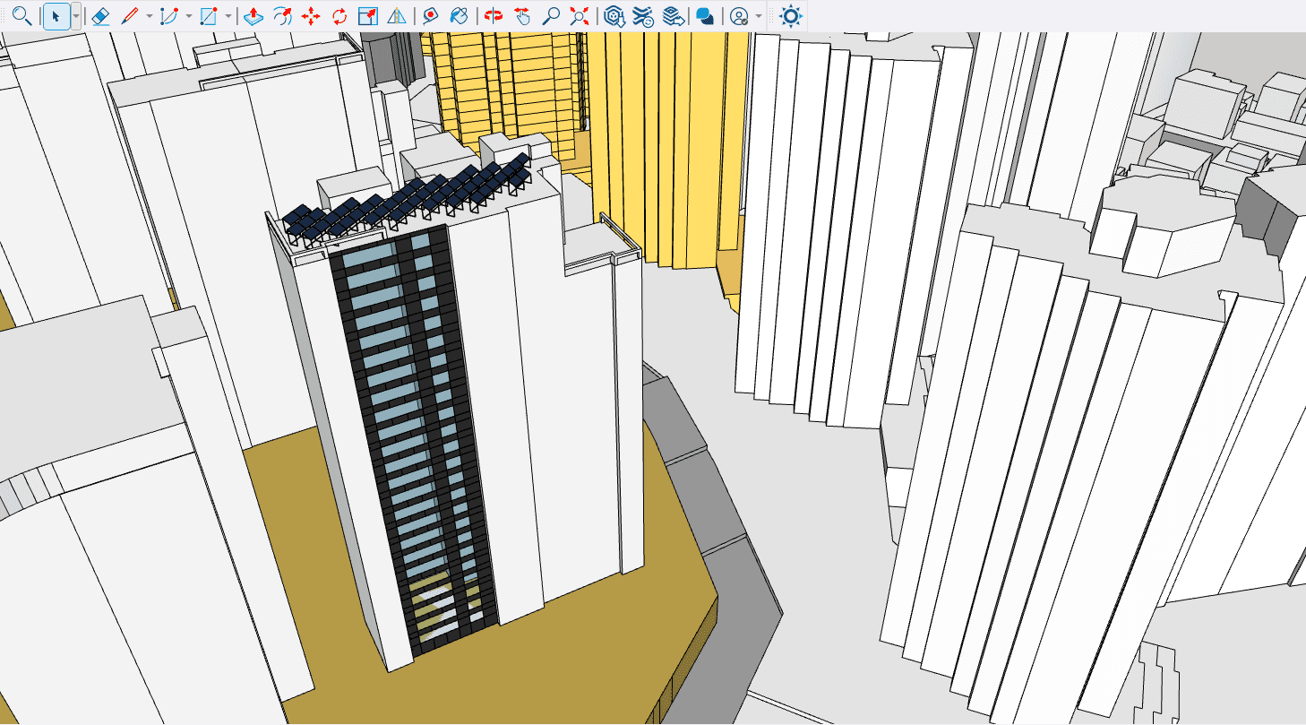 SketchUp에서 주변 건물과 함께 모델링된 건물에 태양광 모듈이 배치된 화면